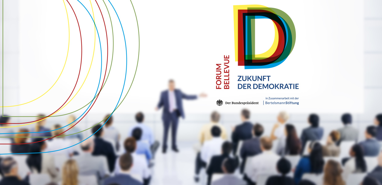 Logo für das "Forum Bellevue - Zukunft der Demokratie" des Bundespräsidenten und der Bertelsmann Stiftung. Die Auftaktveranstaltung der Reihe fand am 19. September 2017 in Schloss Bellevue in Berlin statt.