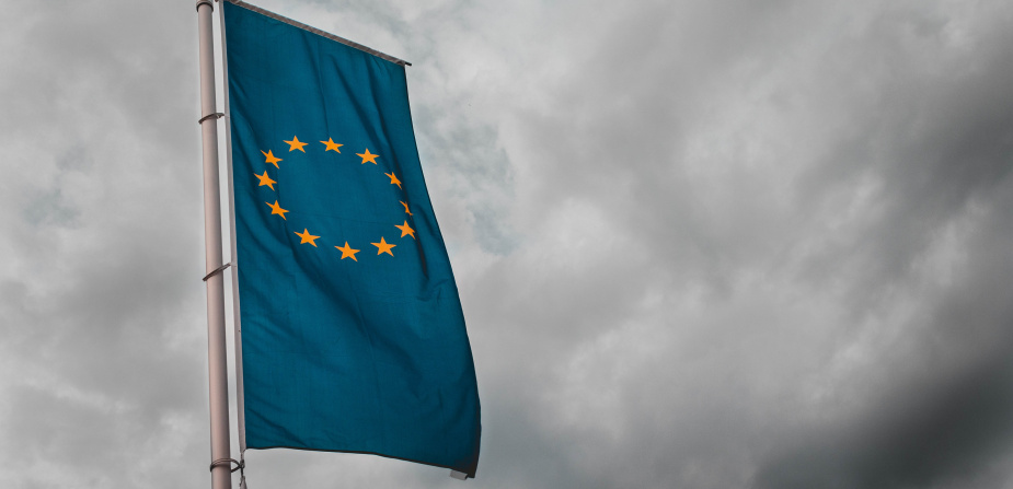 Die Europaflagge weht an einem Flaggenmast vor einem wolkenverhangenen Himmel.