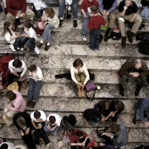 Alone in a crowd ... image was intentionally softened and colors muted to all but the alone person