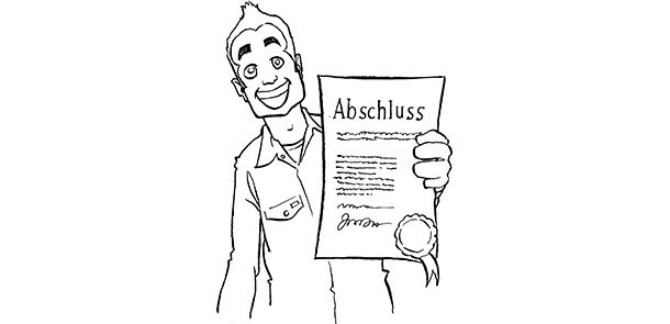 Jugendlicher mit Abschluss-Papier: Urkunde, Aufschrift Abschluss; Jugendlicher sehr zufrieden