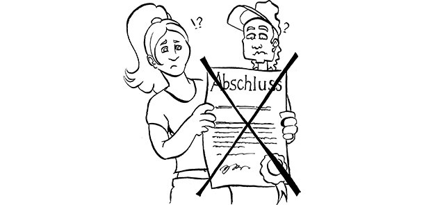 Zwei Jugendliche ohne Abschlusspapier, halten Urkunde mit der Aufschrift Abschluss in der Hand, Urkunde ist durchgestrichen; Jugendliche sind enttäuscht