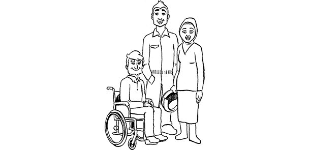 3 Jugendliche; maennlich in Arbeitskleidung; weiblich mit Kopftuch; maennlich im Rollstuhl
