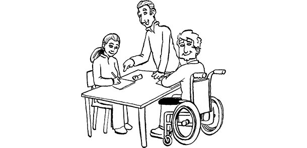 Jugendlicher im Rollstuhl in der Klasse mit Lehrer