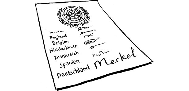 Vertrag der UN-Behindertenrechtskonvention mit Unterschrift von Bundeskanzlerin Angela Merkel für Deutschland